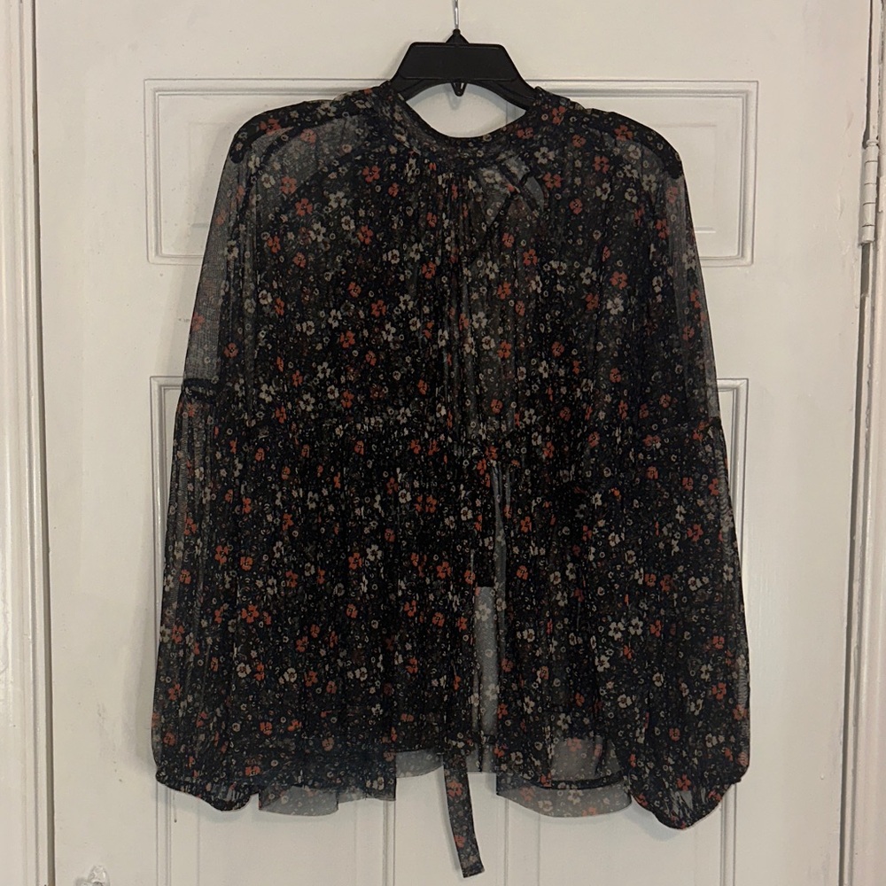Free people Floral Sheer Peasant Blouse - Black with Rust Pink Flowers
